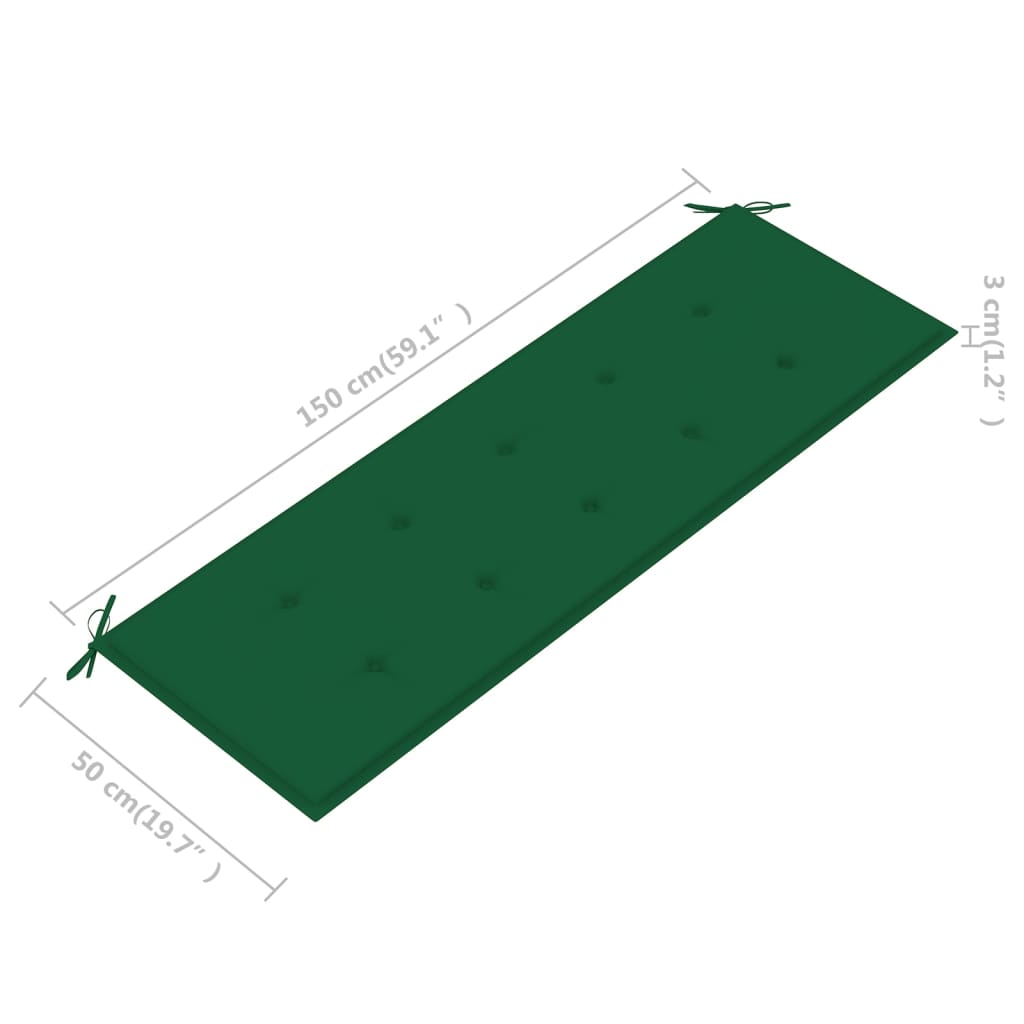 vidaXL Ławka ogrodowa z zieloną poduszką, 150 cm, lite drewno tekowe