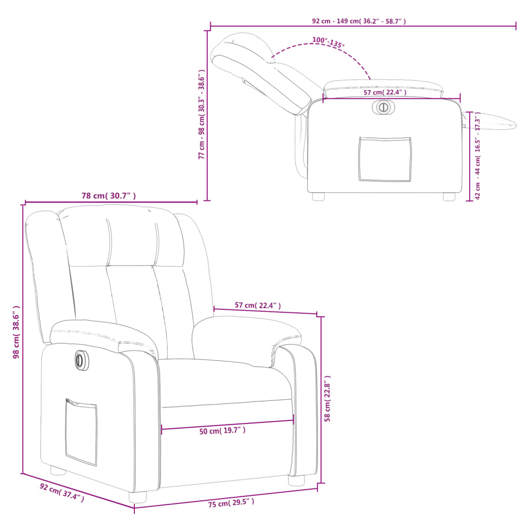 vidaXL Elektryczny fotel rozkładany, szary, obity sztuczną skórą