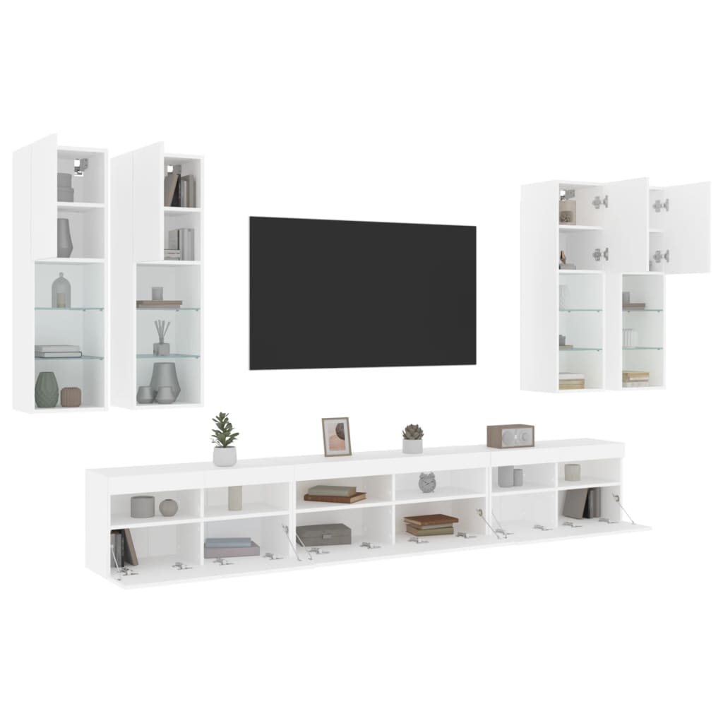vidaXL 7-cz. zestaw ściennych szafek TV z oświetleniem LED, biały