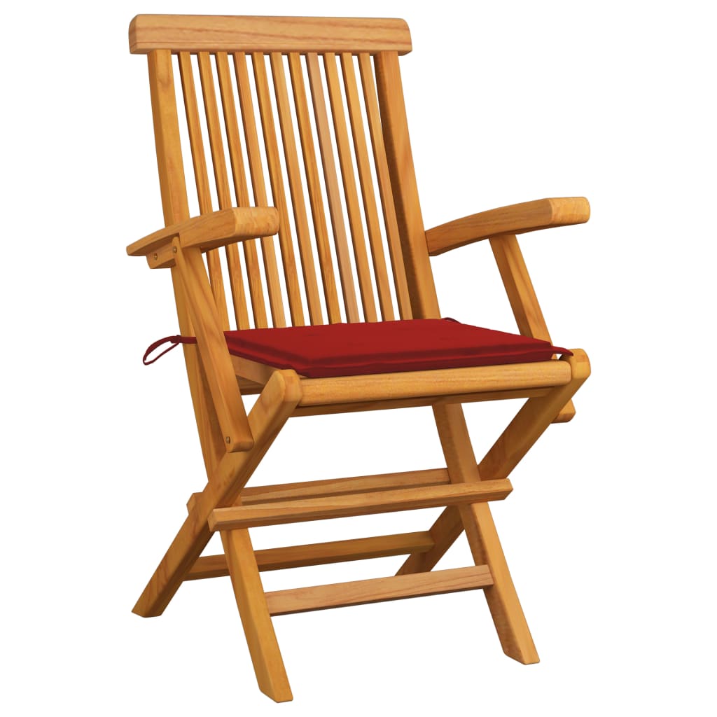 vidaXL Krzesła ogrodowe z czerwonymi poduszkami, 4 szt., drewno tekowe