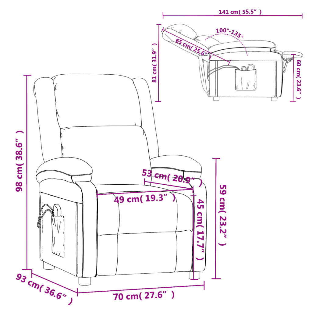 vidaXL Rozkładany fotel masujący, elektryczny, winna czerwień, aksamit
