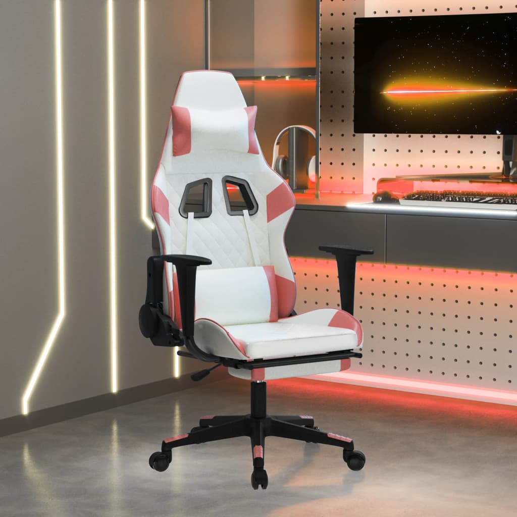 vidaXL Masujący fotel gamingowy z podnóżkiem, biało-różowy, ekoskóra