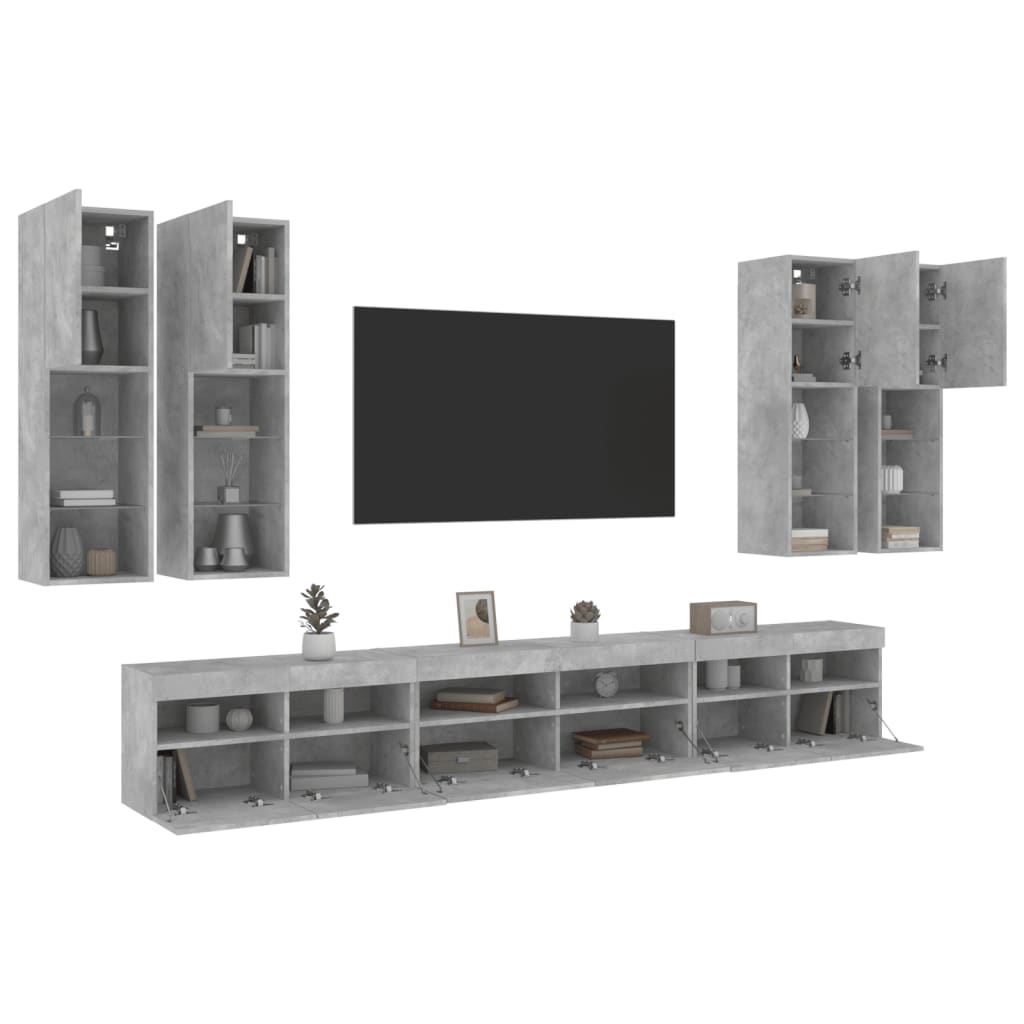 vidaXL 7-cz. zestaw ściennych szafek TV z LED, szarość betonu