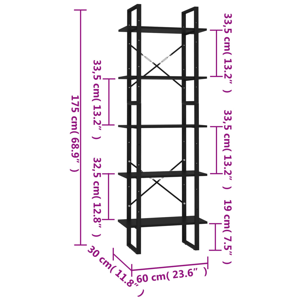 vidaXL 5-poziomowy regał na książki, czarny, 60x30x175 cm