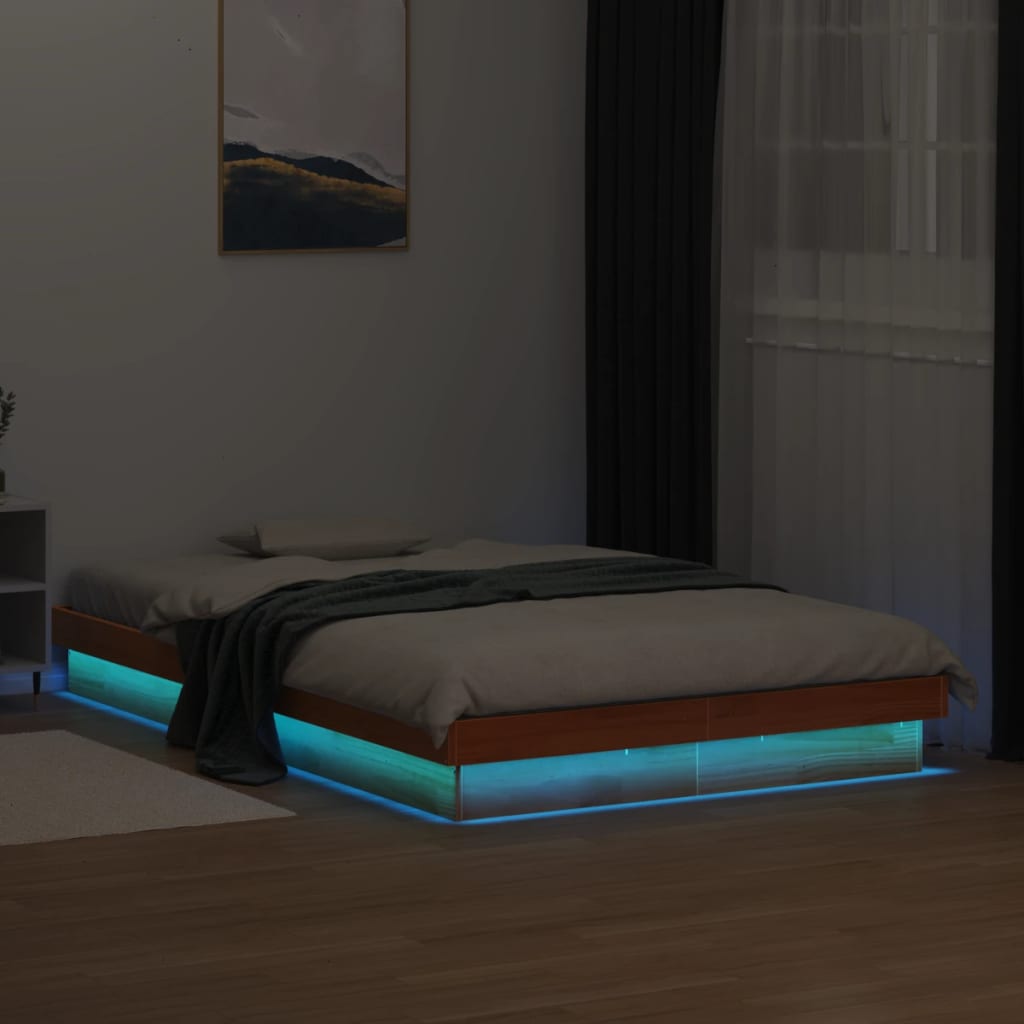 vidaXL Rama łóżka z LED, woskowy brąz, 120x190 cm, lite drewno sosnowe