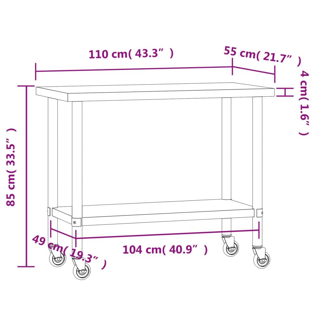 vidaXL Kuchenny stół roboczy na kółkach, 110x55x85 cm, stal nierdzewna