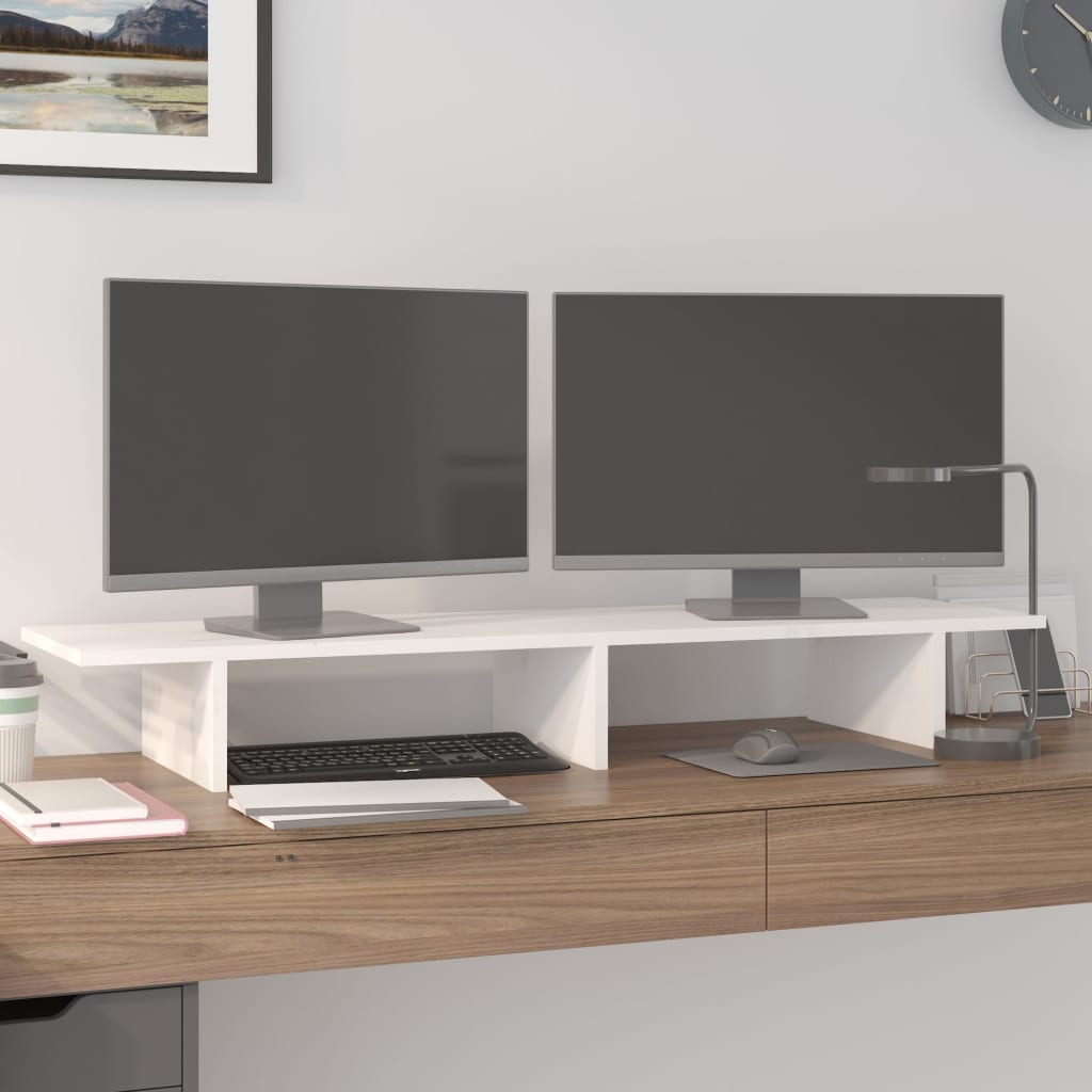 vidaXL Podstawka na monitor, biała, 100x27x15 cm, lite drewno sosnowe