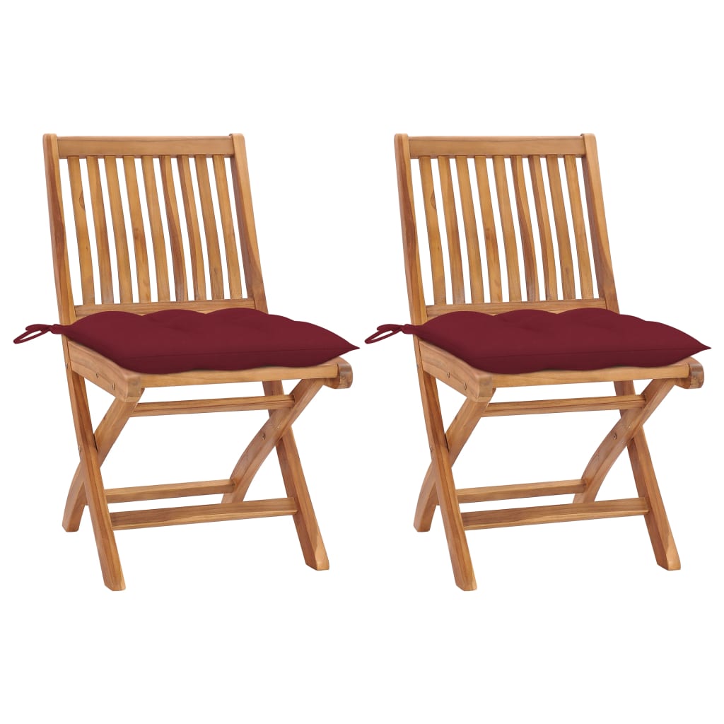 vidaXL Krzesła ogrodowe, 2 szt., poduszki w kolorze wina, tekowe