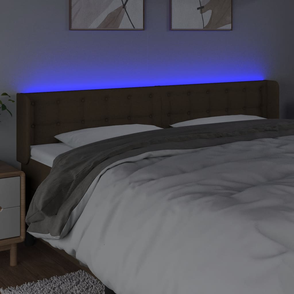 vidaXL Zagłówek do łóżka z LED, ciemnobrązowy, 203x16x78/88cm, tkanina