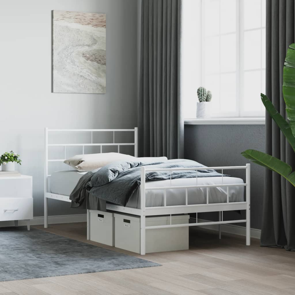 vidaXL Metalowa rama łóżka z wezgłowiem i zanóżkiem, biała, 90x190 cm