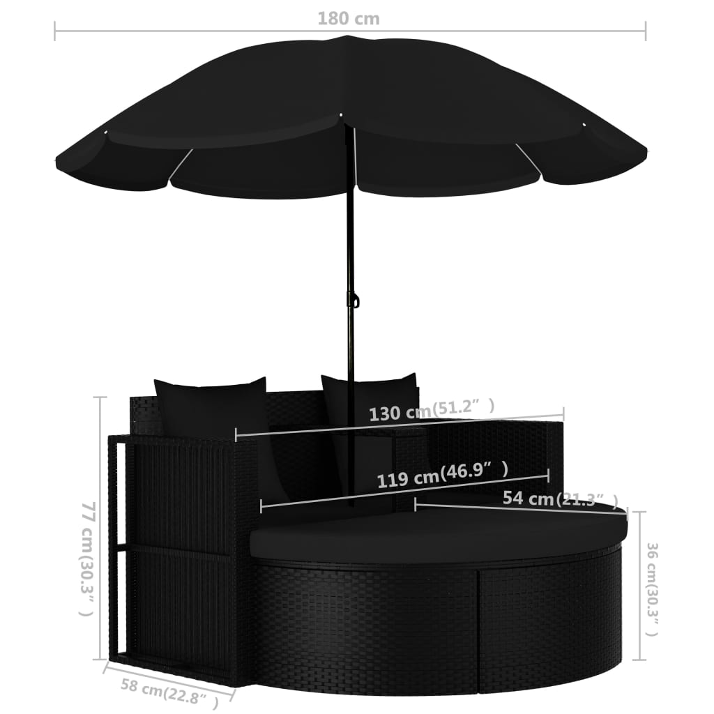 vidaXL Łóżko ogrodowe z parasolem, polirattan, czarne