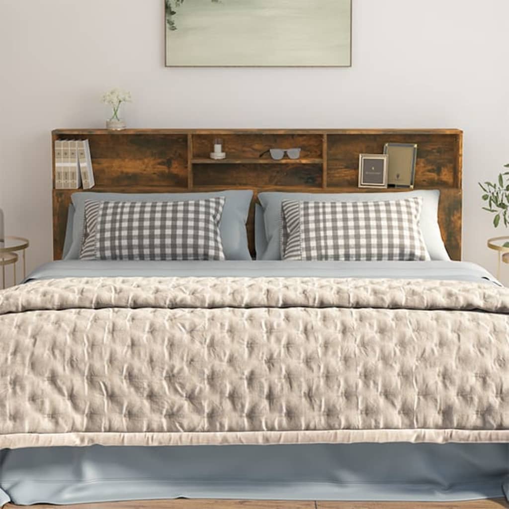 vidaXL Wezgłowie łóżka z półkami, przydymiony dąb, 200x19x103,5 cm