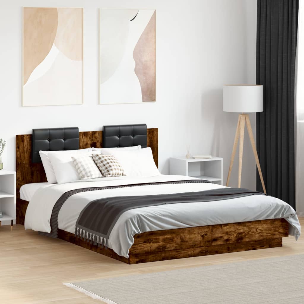 vidaXL Rama łóżka z wezgłowiem i LED, przydymiony dąb, 150x200 cm