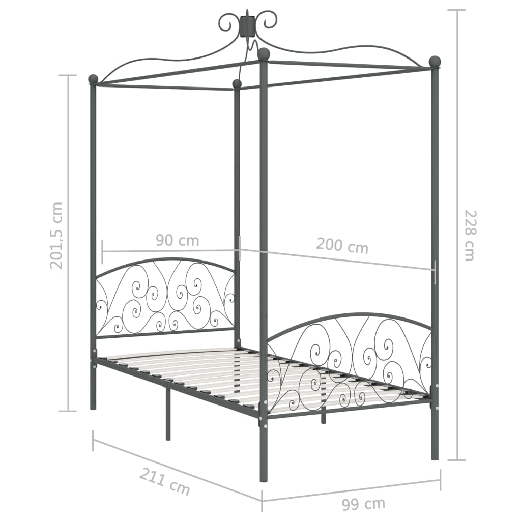 vidaXL Rama łóżka z baldachimem, szara, metalowa, 90 x 200 cm