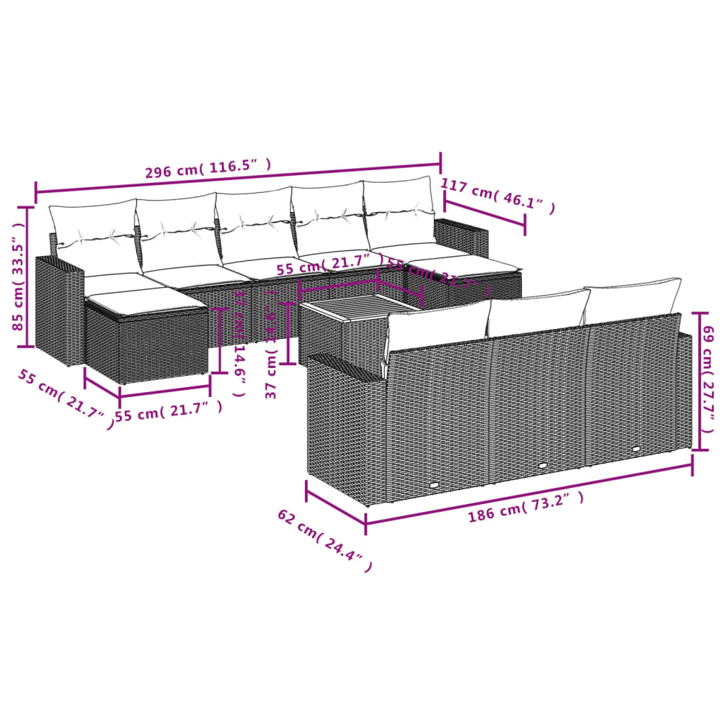 vidaXL 11-cz. zestaw mebli ogrodowych z poduszkami, beżowy, polirattan
