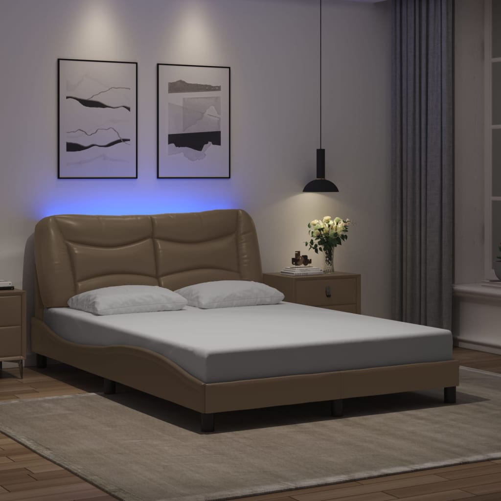 vidaXL Rama łóżka z LED, cappuccino, 120x200 cm, sztuczna skóra