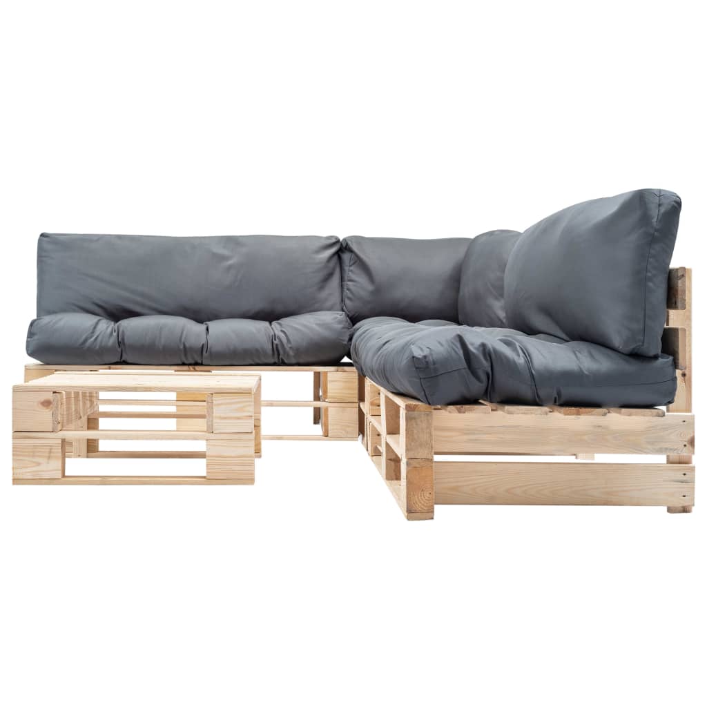 vidaXL 4-cz. zestaw ogrodowy, szare poduszki, palety z drewna