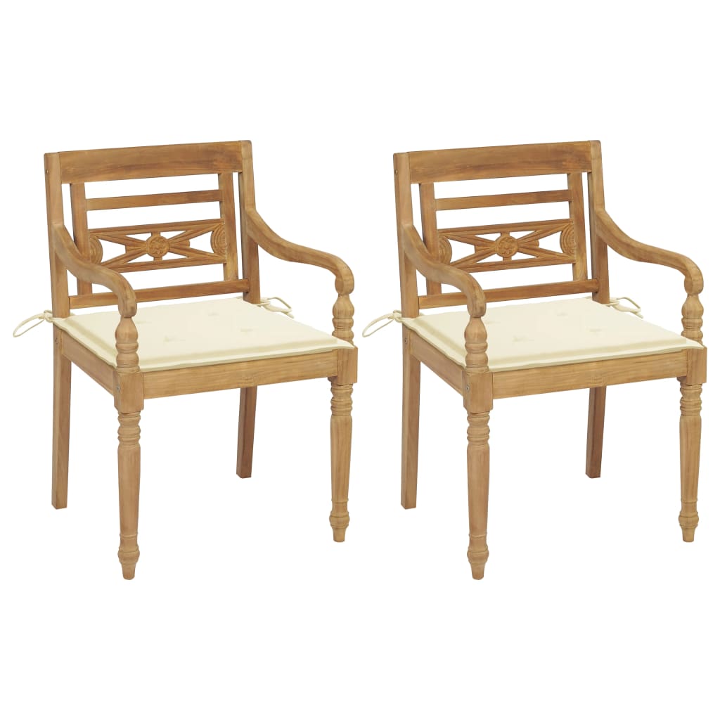 vidaXL Krzesła Batavia z kremowymi poduszkami, 2 szt., drewno tekowe