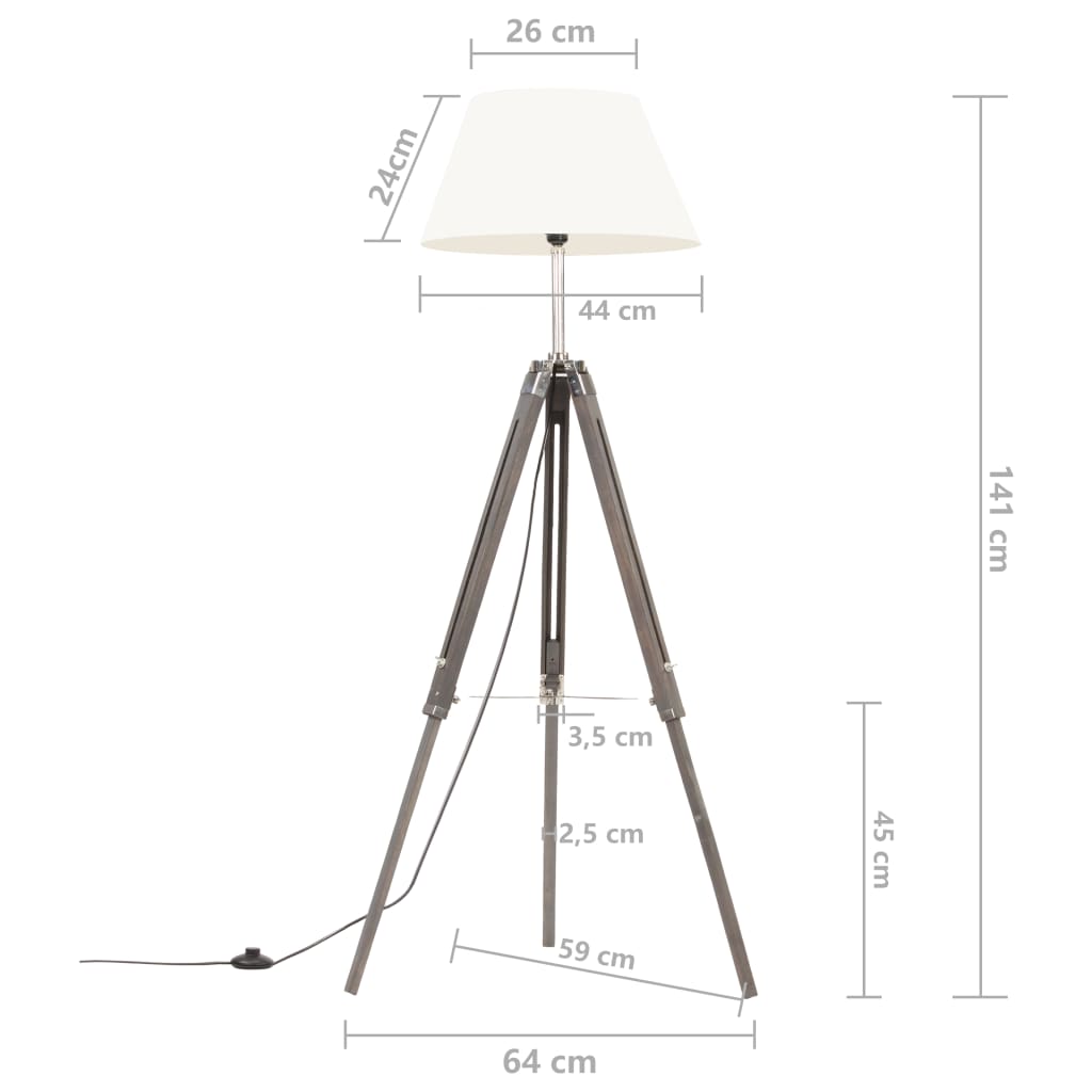 vidaXL Lampa podłogowa na trójnogu, szaro-biała, drewno tekowe, 141 cm