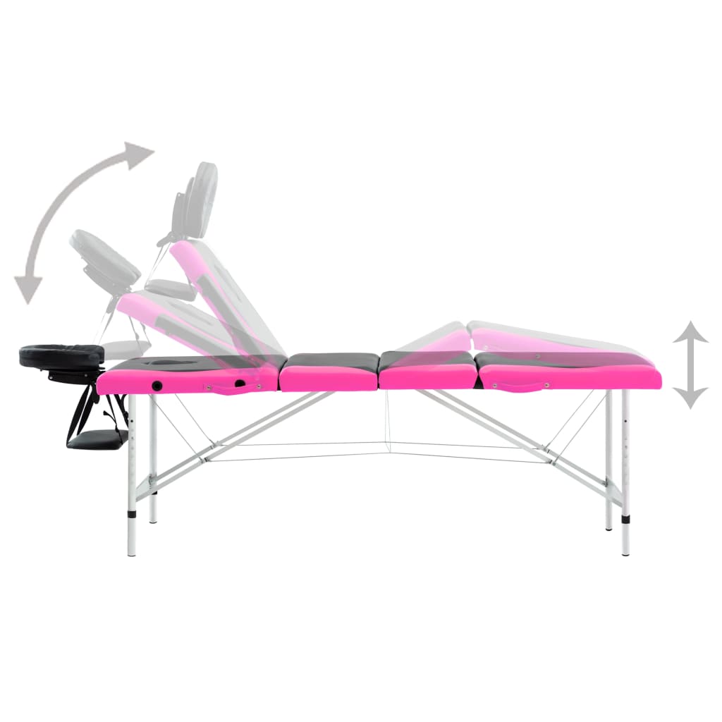 vidaXL Składany stół do masażu, 4-strefowy, aluminiowy, czarno-różowy