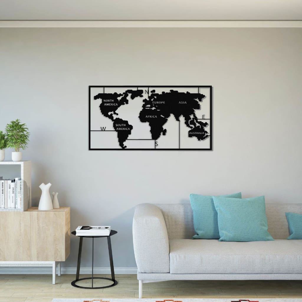 Homemania Dekoracja ścienna World Map, 90x55 cm, metalowa, czarna