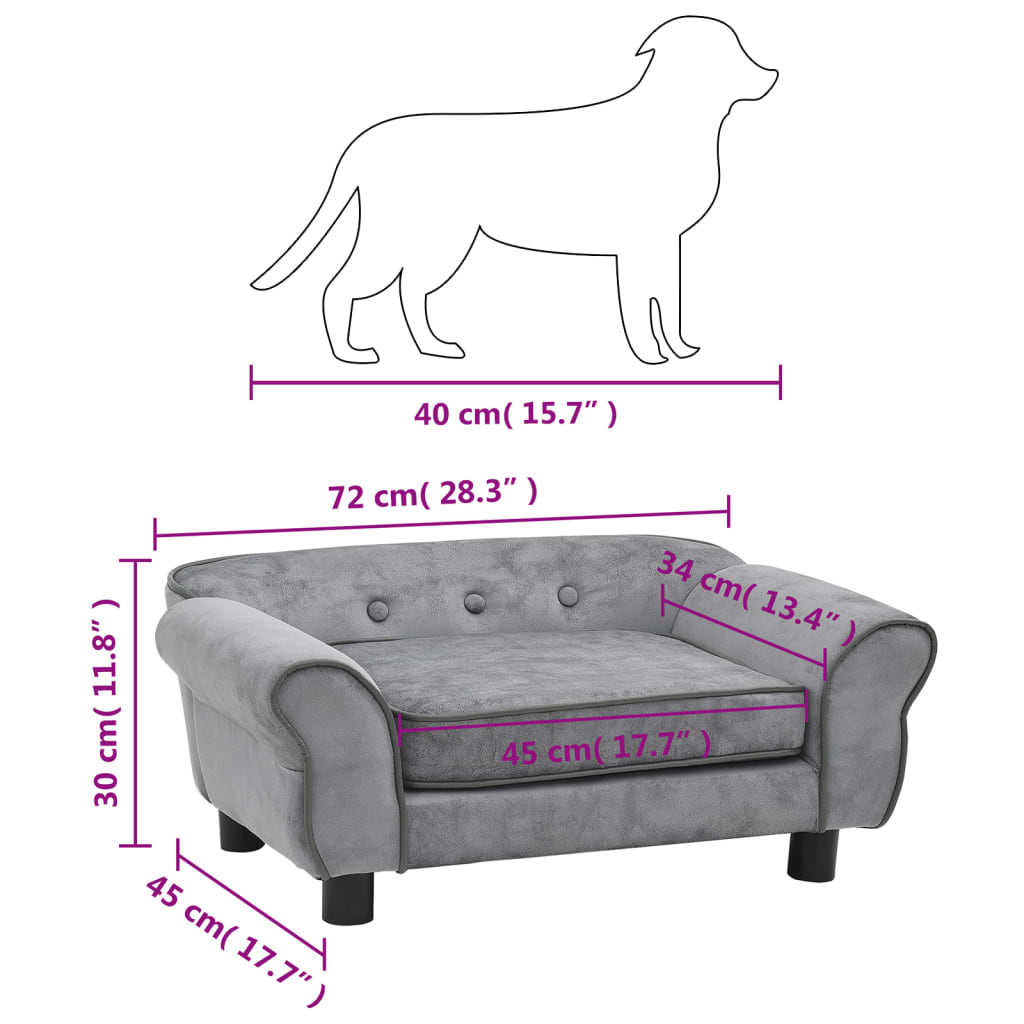 vidaXL Sofa dla psa, szara, 72x45x30 cm, pluszowa