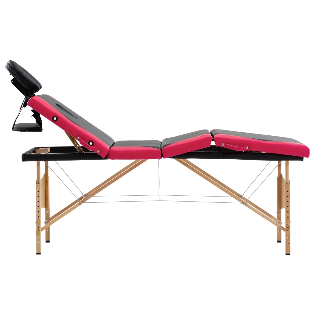 vidaXL Składany stół do masażu, 4-strefowy, drewniany, czarno-różowy