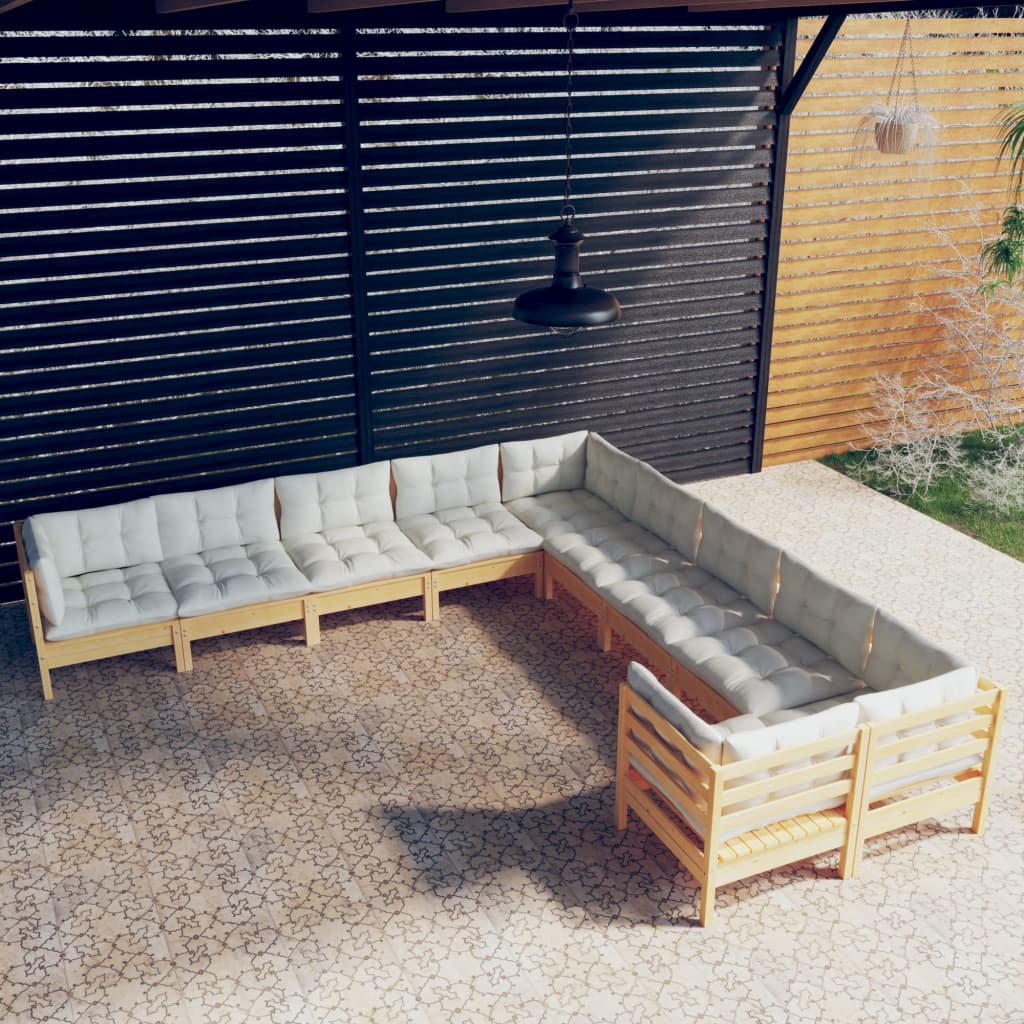 vidaXL 10-cz. zestaw wypoczynkowy do ogrodu, kremowe poduszki, sosnowy
