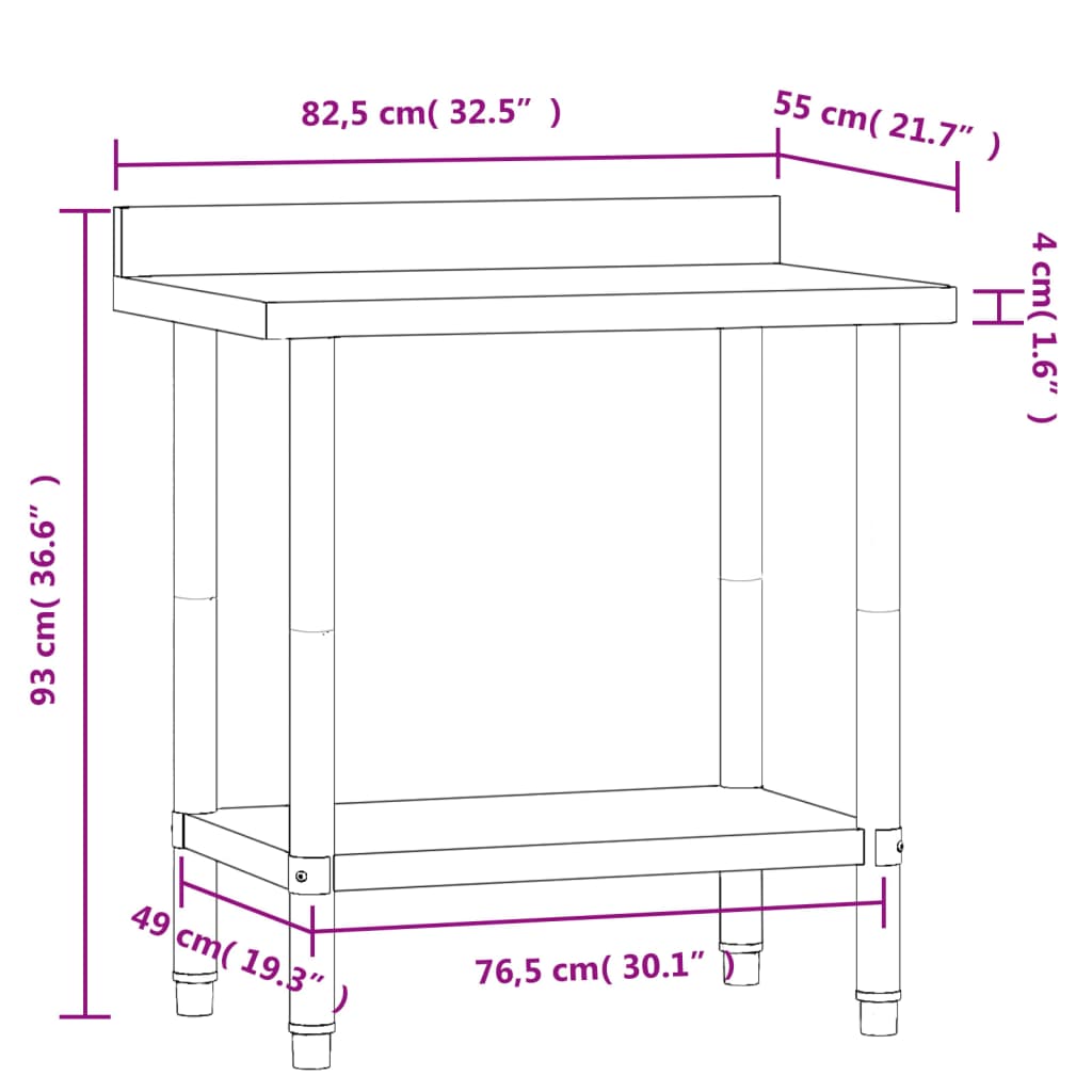 vidaXL Kuchenny stół roboczy z rantem, 82,5x55x93 cm, stal nierdzewna