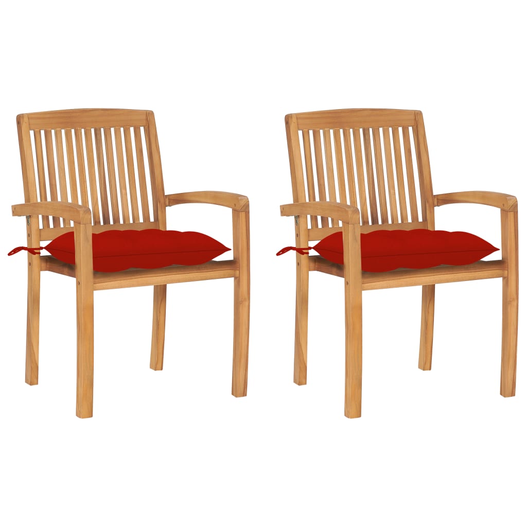 vidaXL Krzesła ogrodowe, 2 szt., czerwone poduszki, drewno tekowe