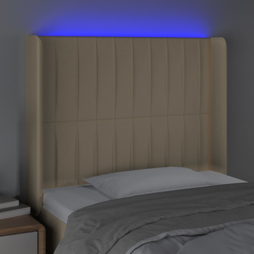 vidaXL Zagłówek do łóżka z LED, kremowy, 103x16x118/128 cm, tkanina