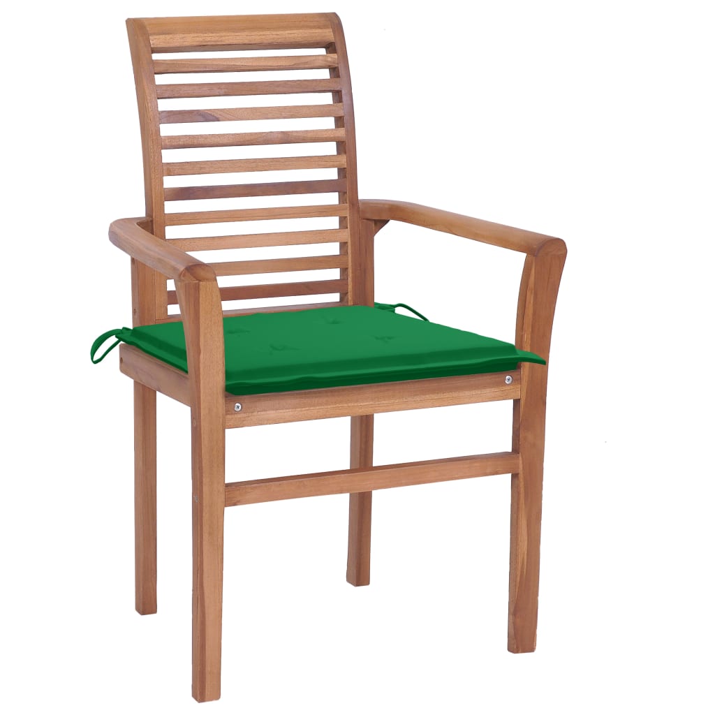 vidaXL Krzesła stołowe, 2 szt., zielone poduszki, drewno tekowe