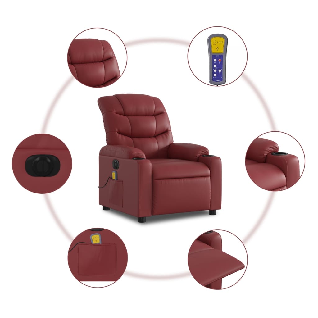 vidaXL Rozkładany fotel masujący, elektryczny, bordowy, sztuczna skóra