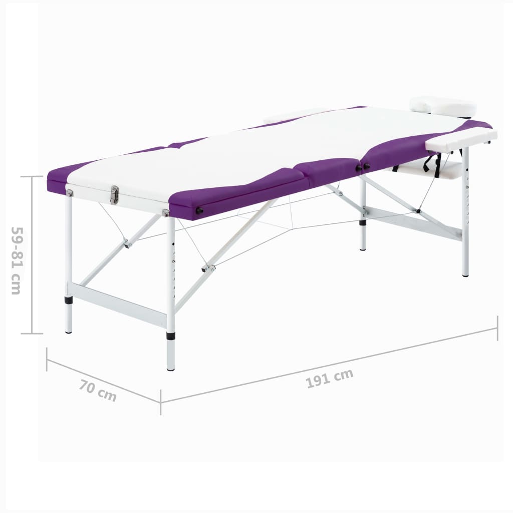 vidaXL Składany stół do masażu, 3-strefy, aluminiowy, biało-fioletowy