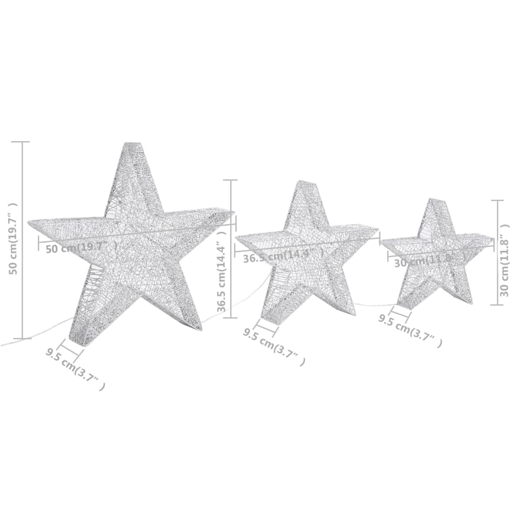 vidaXL Dekoracja świąteczna: 3 gwiazdy, srebrna siatka z LED