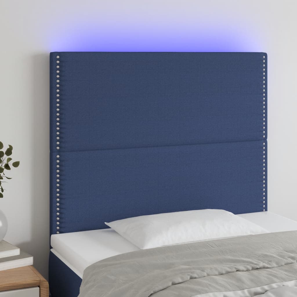 vidaXL Zagłówek do łóżka z LED, niebieski, 100x5x118/128 cm, tkanina