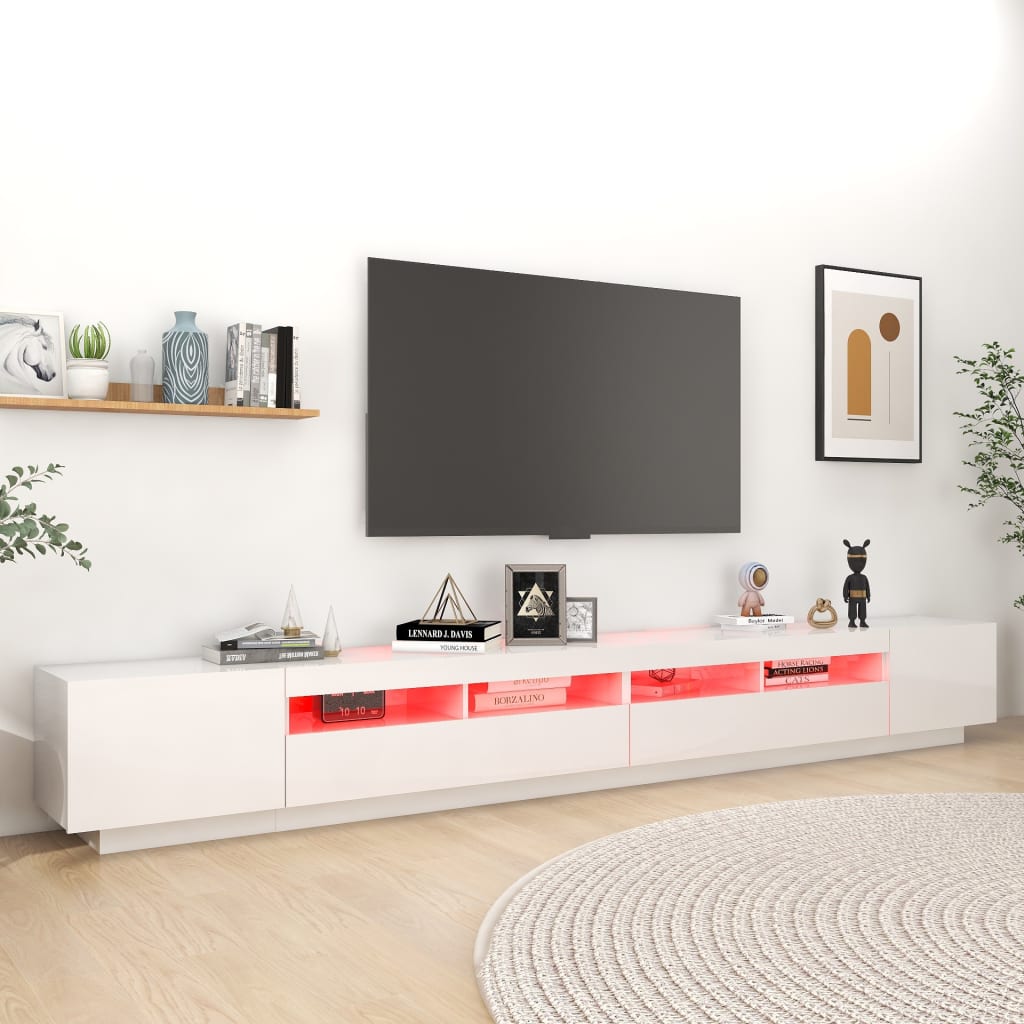 vidaXL Szafka TV z oświetleniem LED, biała z połyskiem, 300x35x40 cm