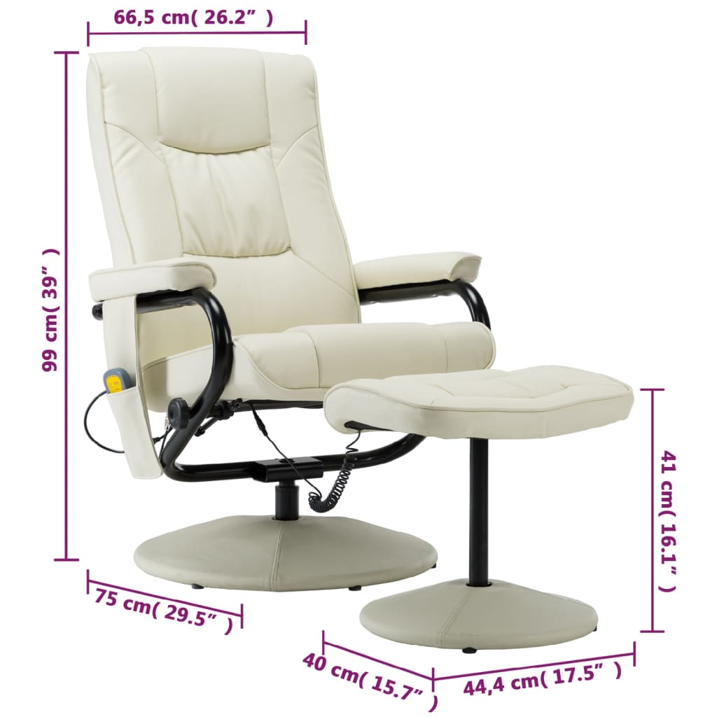 vidaXL Fotel masujący z podnóżkiem, kremowy, sztuczna skóra