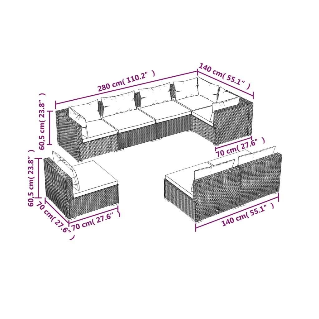 vidaXL 8-cz. zestaw wypoczynkowy do ogrodu, poduszki, rattan PE, szary