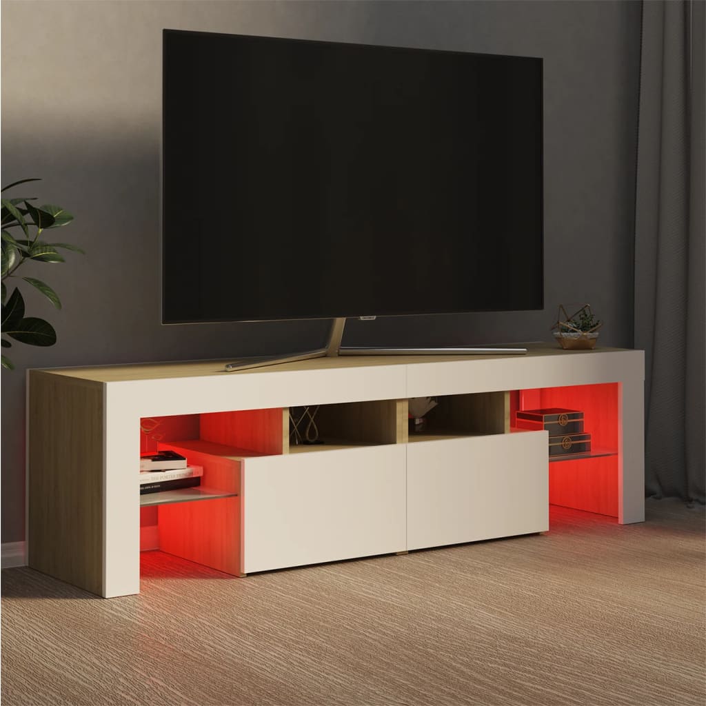 vidaXL Szafka TV z oświetleniem LED, biel i dąb sonoma, 140x36,5x40 cm