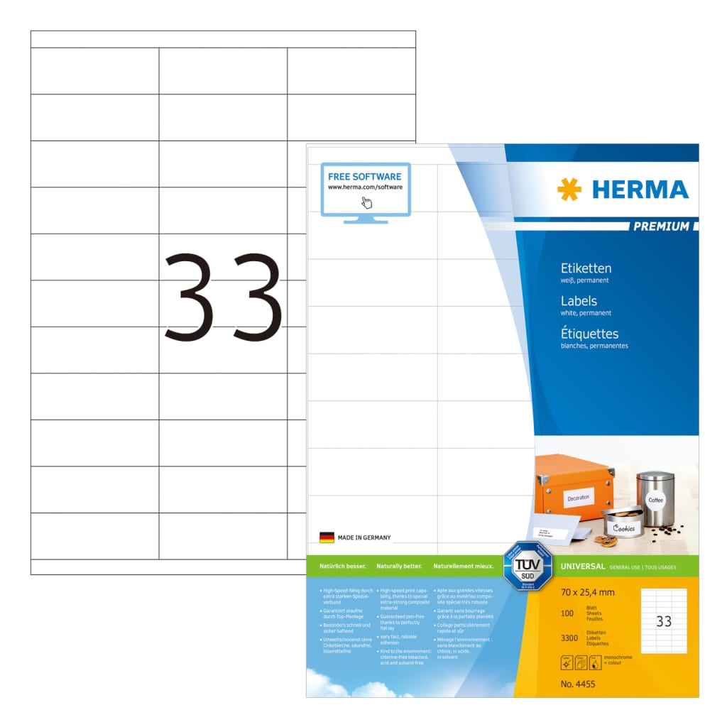 HERMA Etykiety samoprzylepne PREMIUM, 70x25,4 mm, 100 arkuszy A4