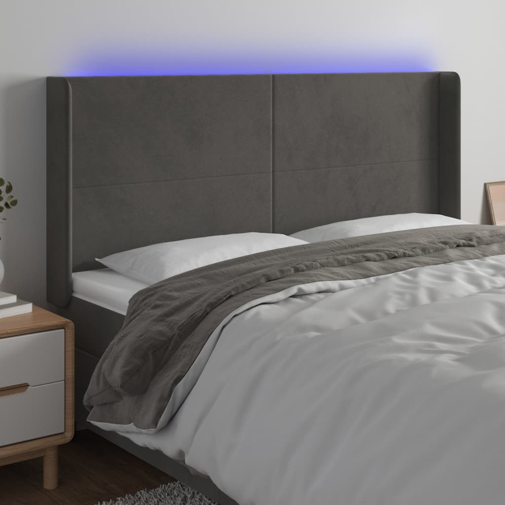 vidaXL Zagłówek do łóżka z LED, ciemnoszary, 163x16x118/128cm, aksamit