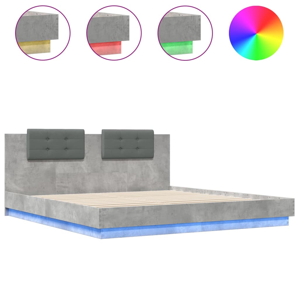 vidaXL Rama łóżka z wezgłowiem i LED, szarość betonu, 180x200 cm