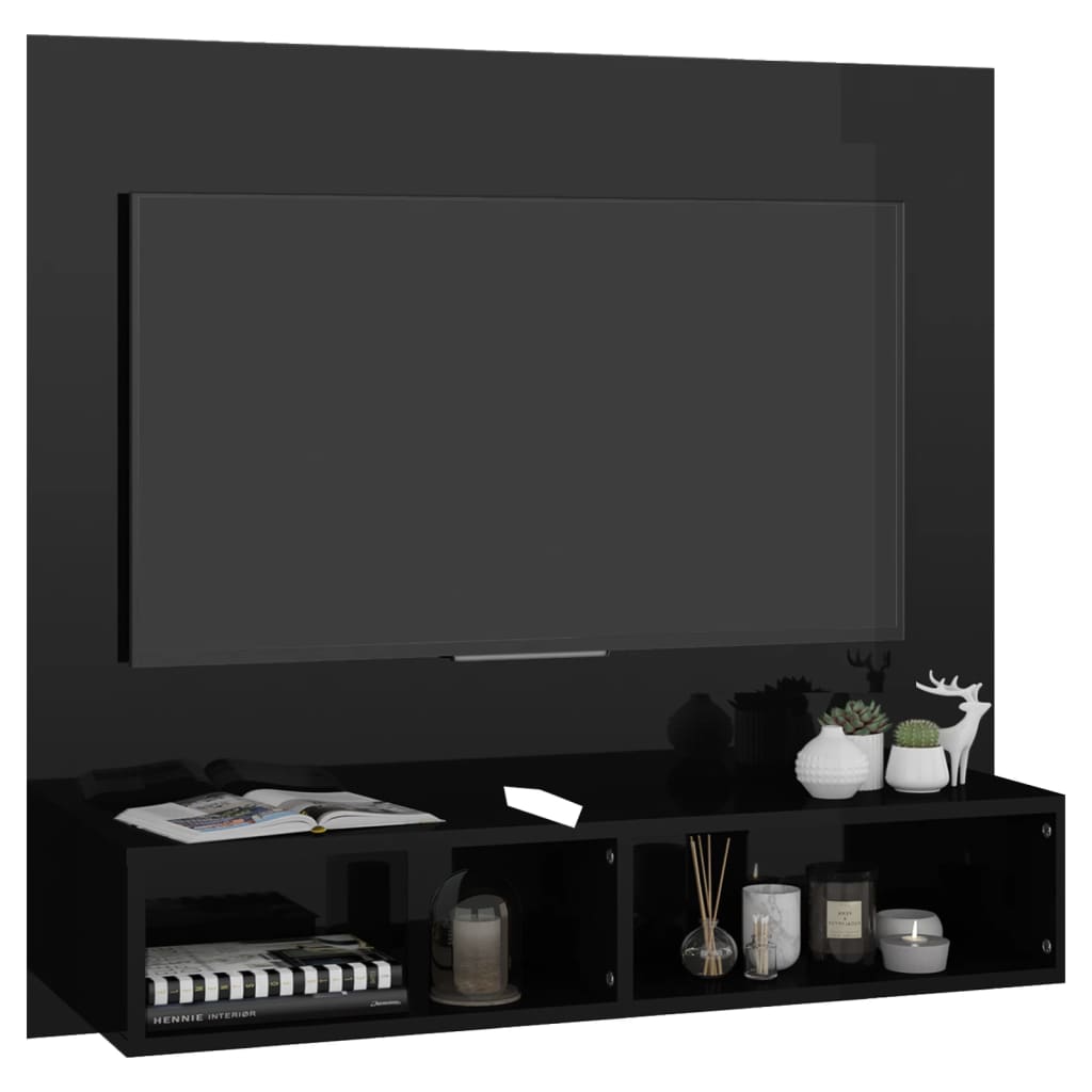 vidaXL Wisząca szafka pod TV, czarna, wysoki połysk, 102x23,5x90 cm