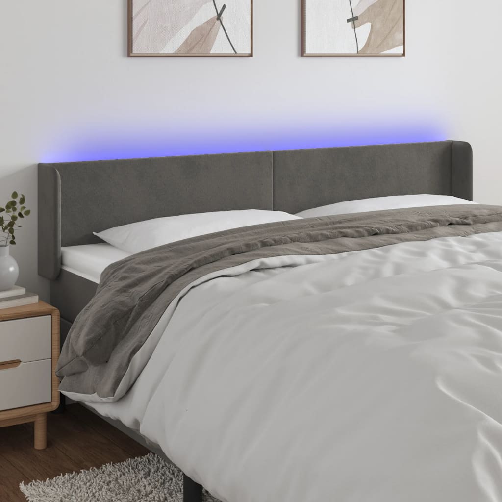 vidaXL Zagłówek do łóżka z LED, ciemnoszary, 183x16x78/88 cm, aksamit