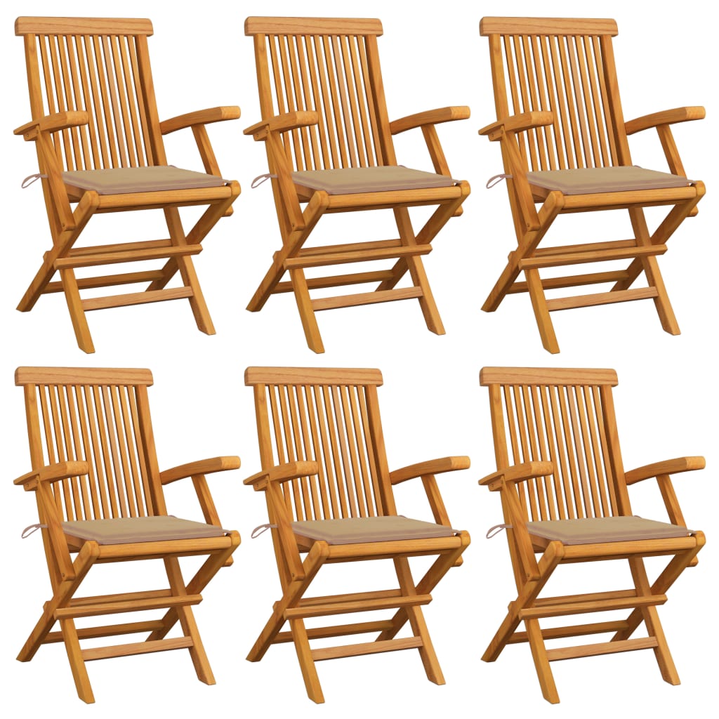 vidaXL Krzesła ogrodowe z beżowymi poduszkami, 6 szt., drewno tekowe
