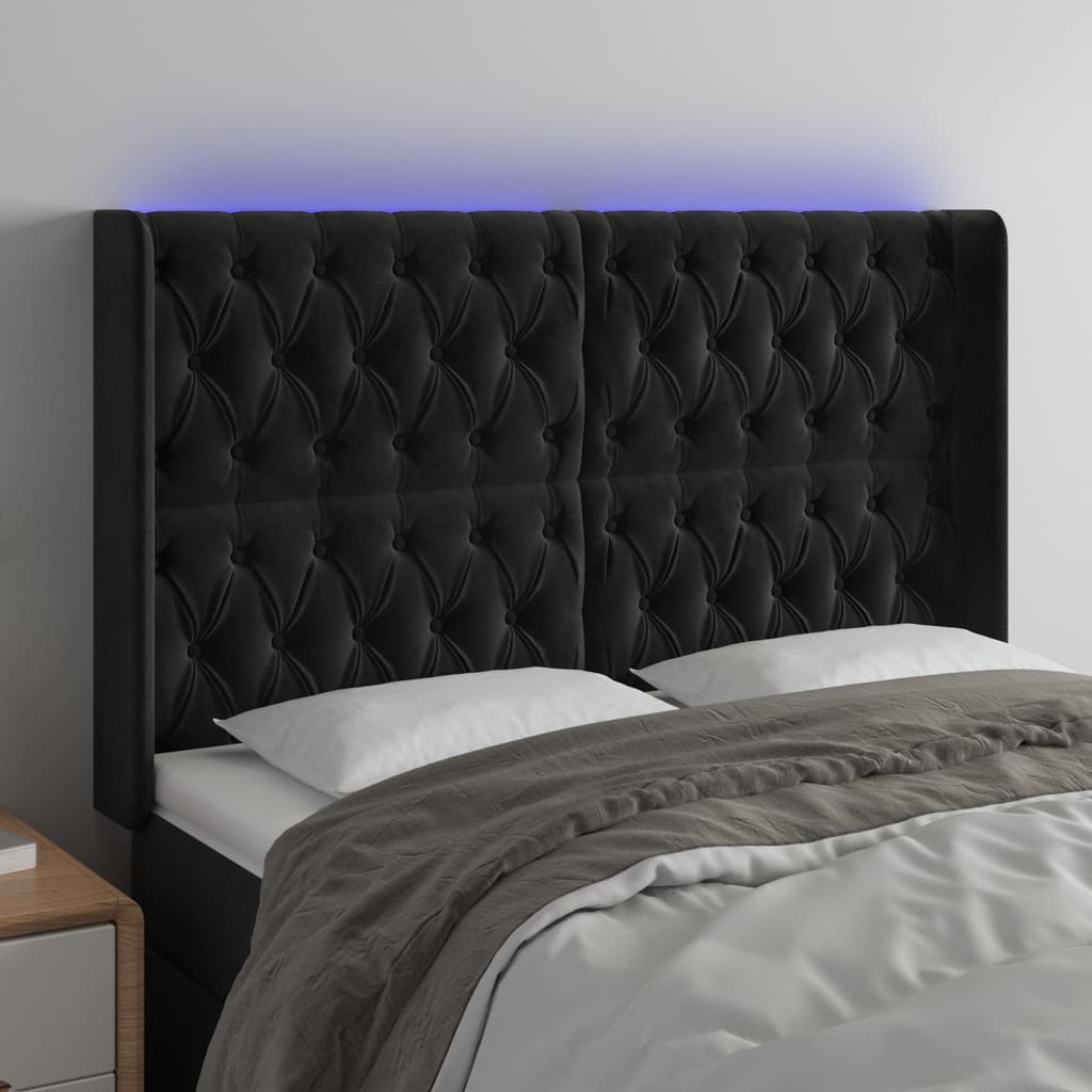 vidaXL Zagłówek do łóżka z LED, czarny, 147x16x118/128 cm, aksamit