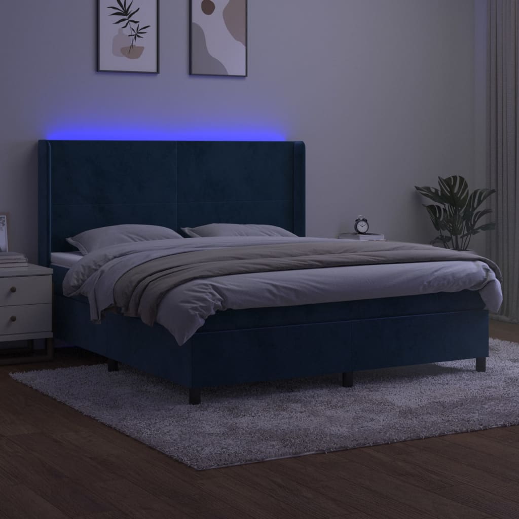 vidaXL Łóżko kontynentalne, materac i LED, niebieski aksamit 180x200cm