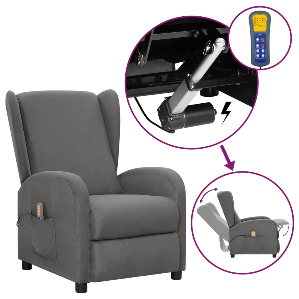 vidaXL Rozkładany fotel masujący, ułatwiający wstawanie, szara tkanina