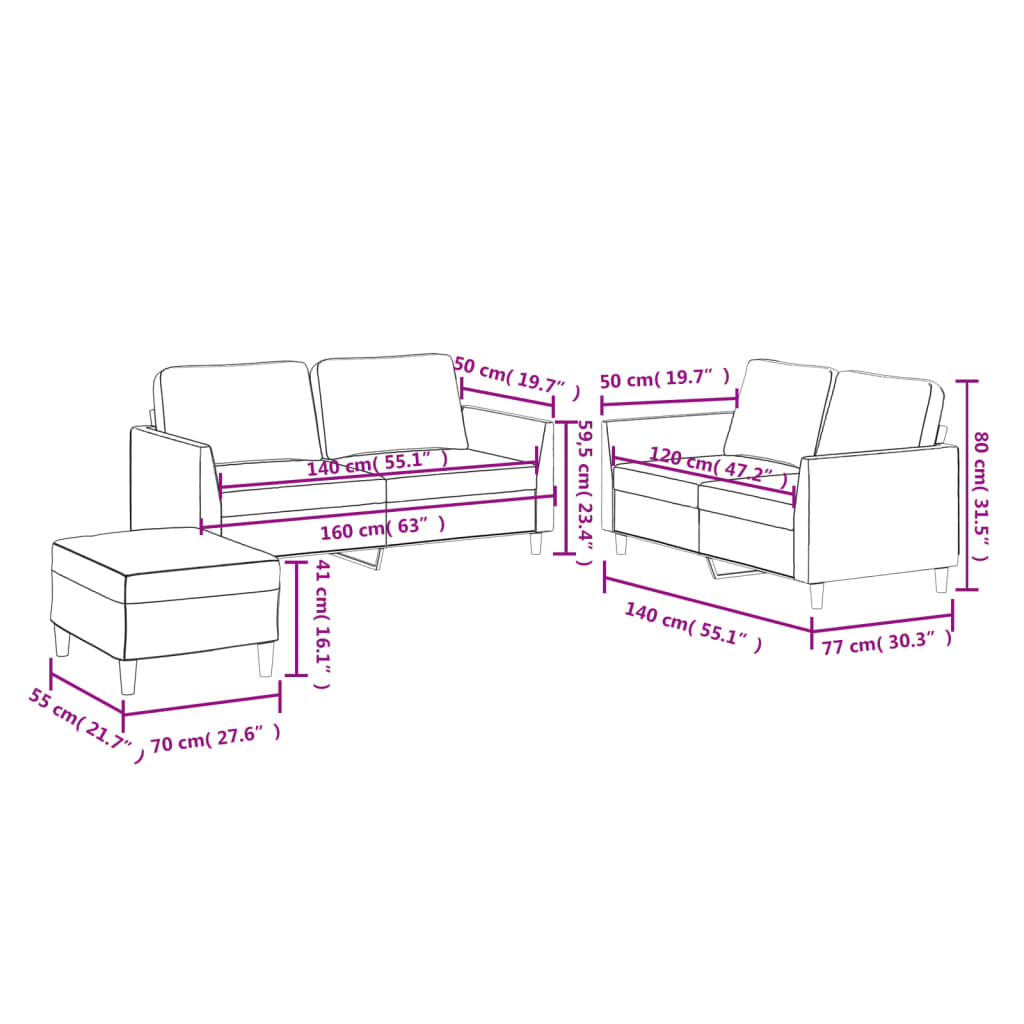 vidaXL 3-cz. zestaw sof z poduszkami, cappuccino, sztuczna skóra